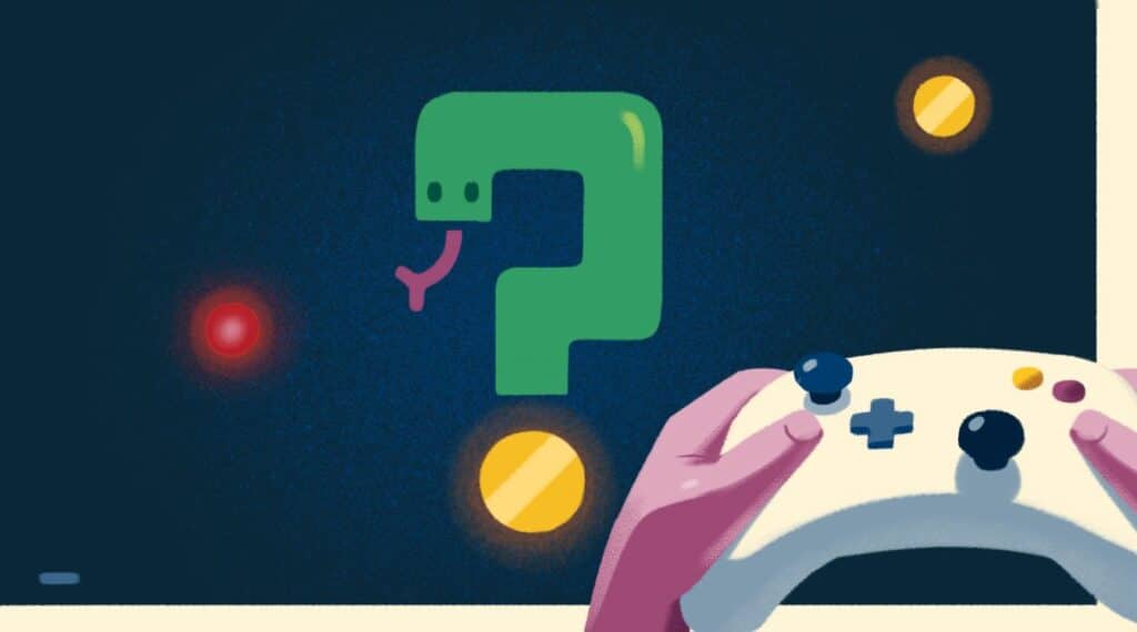 En h&aring;nd som holder en dataspillkontroller og ser p&aring; et sp&oslash;rsm&aring;lstegn i dataspillformat